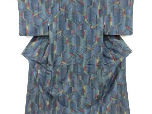 アンティーク　抽象模様織り出し　手織り紬着物